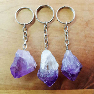 Amethyst natural point keyring with raw crystal point.