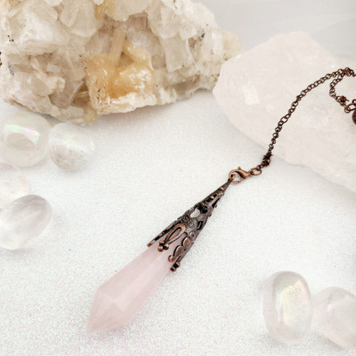 Antique Look Rose Quartz Pendulum (copper plated metal)