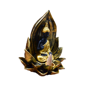 Buddha In Lotus Backflow Incense Burner | Resin | Black & Gold