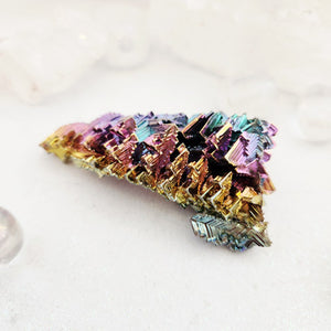 Bismuth specimen with stepped hopper crystal structure and rainbow iridescence