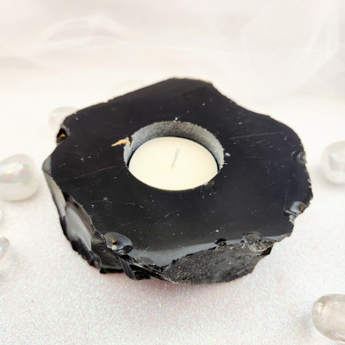 Black Obsidian Partial Polished Candle Holder (approx. 10.8x10.8cm)