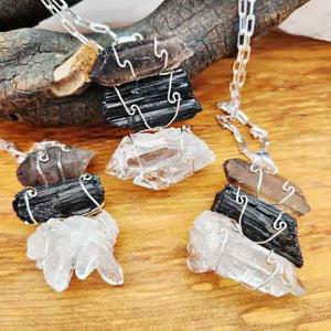 Black Tourmaline, Clear & Smoky Quartz Stack Pendant 