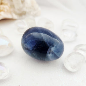Smooth blue fluorite egg with a gently tapered oval shape.
