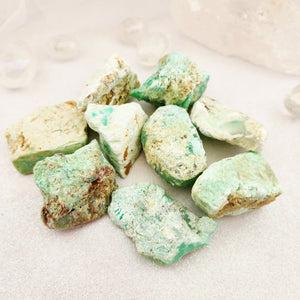 Chrysoprase crystal rough rock with rich green colour, promoting emotional balance and heart healing