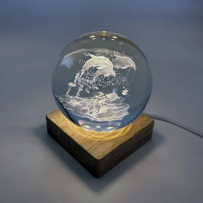 Dolphins Glass Ball w. Wooden LED Base