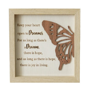 Square wooden wall plaque with butterfly and dreams inspirational quote