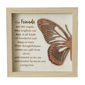 Square wooden wall plaque with butterfly and friends inspirational quote