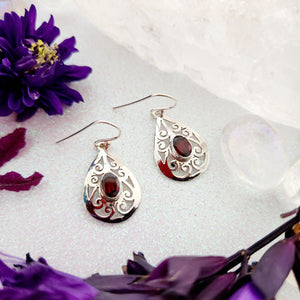 Garnet Tear Drop Earrings in Celtic Design Setting