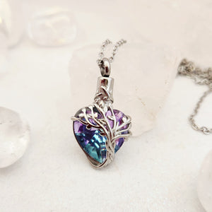 Glass Heart w. Tree of Life Keepsake Memorial Pendant w. Chain