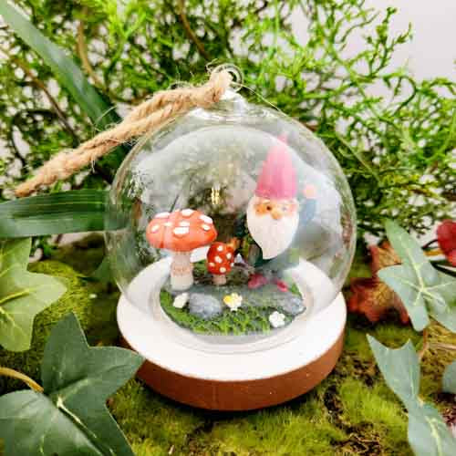 Gnome with Mushrooms Glass Dome Hanging