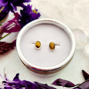 Gold Tiger's Eye Oval Stud Earrings