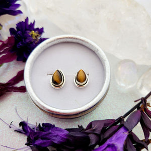 Gold Tiger's Eye Tear Drop Stud Earrings