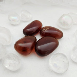 Four tumbled blue amber stones with a deep reddish-brown, glossy finish