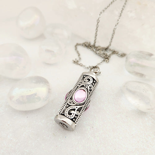 Keepsake Memorial Pendant w. Pink Glass Cabochon & Chain (stainless steel)