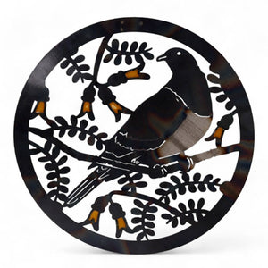 Kereru on Kowhai Shimmering Steel Round Wall Art