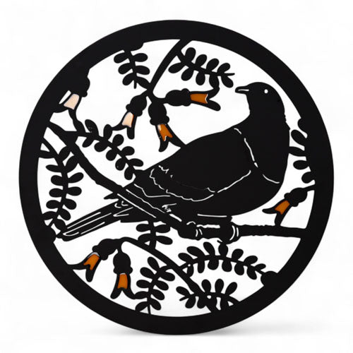 Kereru on Kowhai Steel Round Wall Art (approx. 50cm diameter)