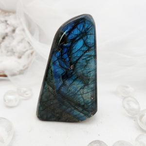 Polished labradorite free form with tall shape and vivid blue flash