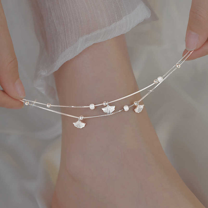Leaf Charm Double String Anklet (silver metal)