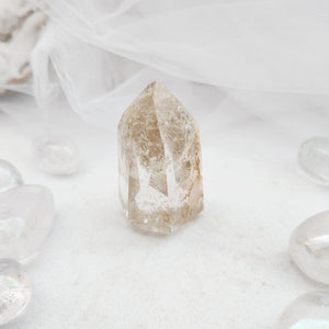 Polished lodolite quartz point with faceted form and delicate internal inclusions