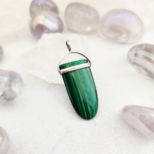Flat-top oval malachite pendant with sterling silver top cap and bail