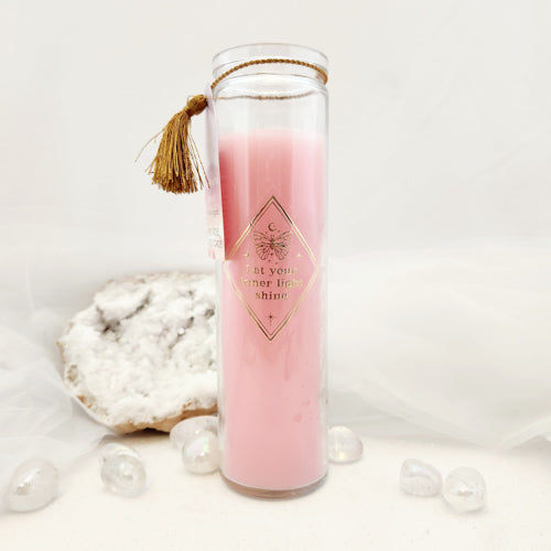 Mystic Rose Scented Tube Candle w. Rose Quartz Chips (approx 65 hour burn time)