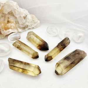 Slender smoky citrine points with faceted tip and elongated form.