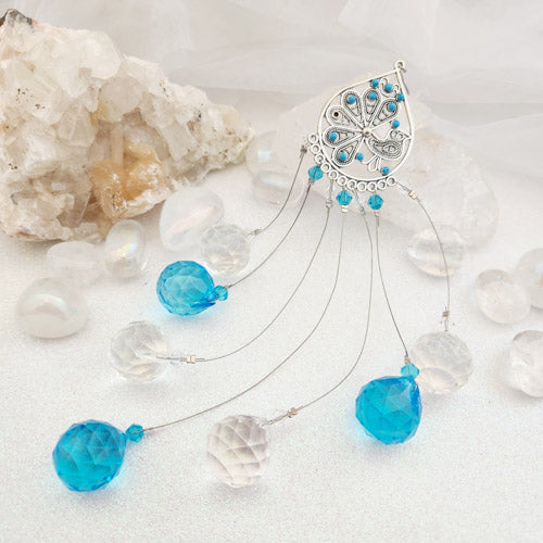 Peacock Hanging w. Blue & White Prisms