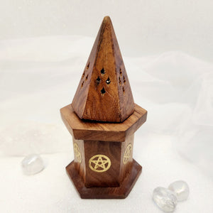 Pentagram Incense Cone Burner | Sheesham Wood | Cones & Storage