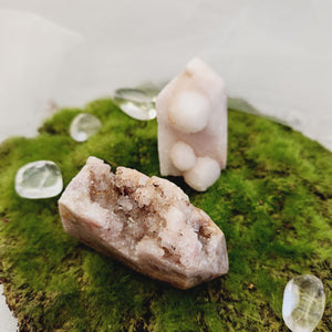 Pink Amethyst druzy point with soft blush tones and natural sparkle.