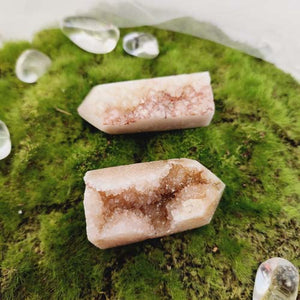 Pink Amethyst druzy point with soft blush tones and natural sparkle.