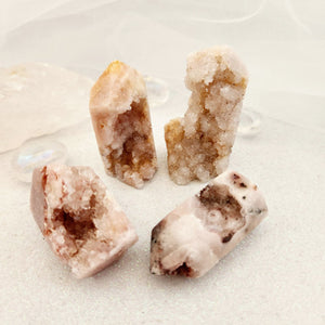 Pink Amethyst druzy point with soft blush tones and natural sparkle.