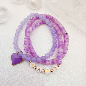 Purple Dyed Jade & Acrylic Love Charm Bracelets