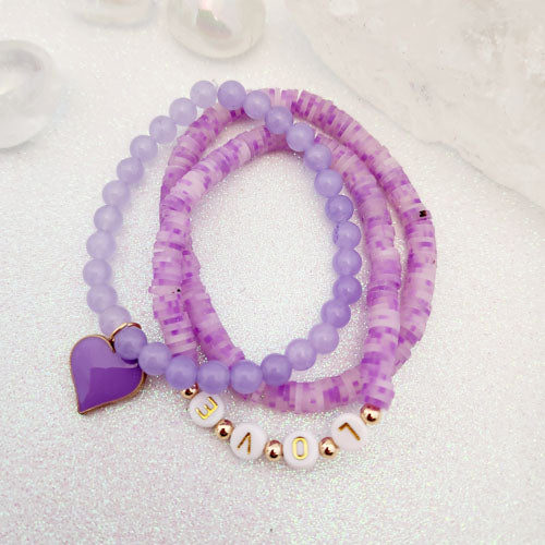 Purple Dyed Jade & Acrylic Love Charm Bracelets (set of 3)