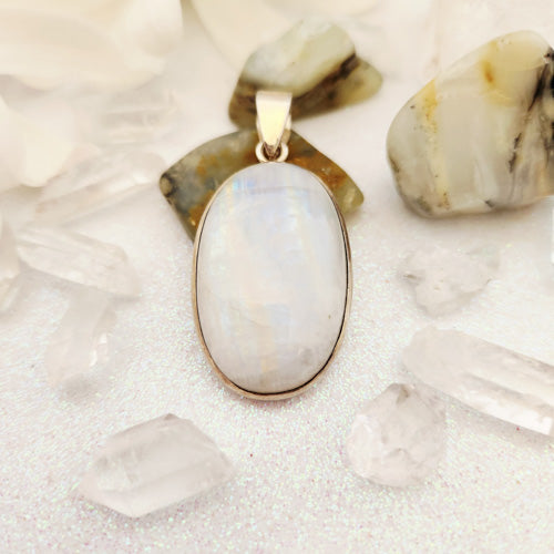 Rainbow Moonstone Oval Pendant (sterling silver)