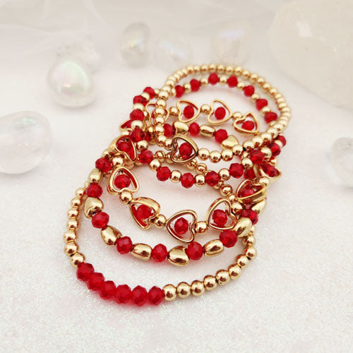 Red Bohemian Style Bracelet w. glass beads (set of 5)