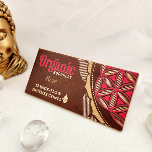 Rose Backflow Incense Cones (Organic Goodness. Pack of 12)