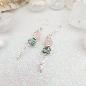 Rose Quartz & Aventurine w. Feather Charm Earrings