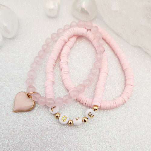 Rose Quartz & Acrylic Love Charm Bracelets (set of 3)