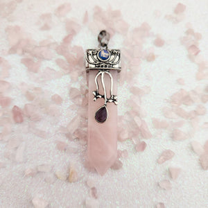 Rose Quartz Pendant w. Amethyst & Opalite Cabochons