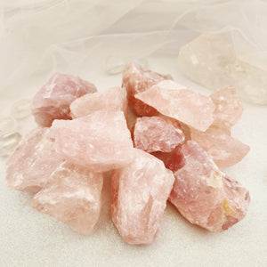 Rose Quartz crystal rough rock with soft pink tones, promoting love and emotional healing