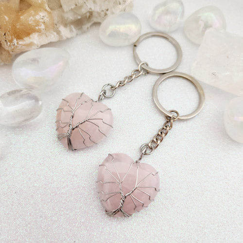 Rose Quartz Tree of Life Heart Keyring (silver metal)