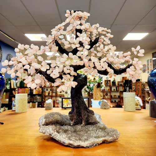 Rose Quartz Tree on Amethyst Cluster Base (approx. 50x54x30cm)