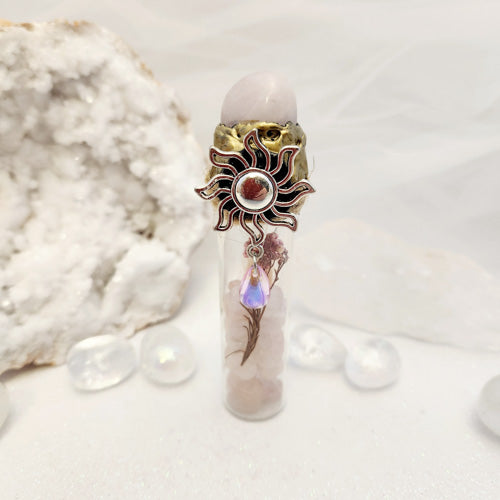 Rose Quartz in a Bottle with Sun Embellishment (assorted. approx. 10.5x2cm)