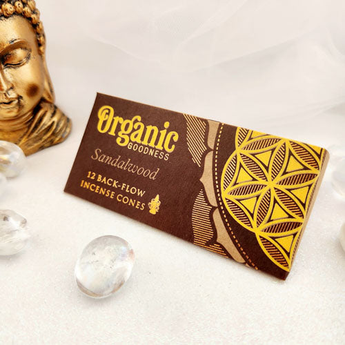 Sandalwood Backflow Organic Goodness Incense Cones (Song of India. pack of 12)