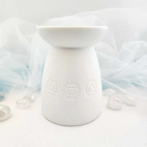 Seven Chakra White Ceramic Oil Burner (approx. 12.5x9.5x9.5cm)