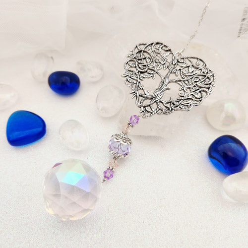 Tree of Life Heart w. Hanging Prism & Beads (alloy & glass)