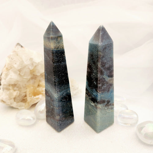 Triallite aka Trollite Obelisk. A combination of Lithium, Lepidolite, Blue Tourmaline and Lazulite (assorted. approx. 11.2-11.4x2.5-2.8cm)