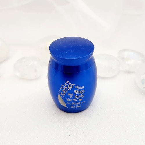 Your Wings Were Ready... Keepsake Urn (cobalt blue metal alloy. approx. 4x3cm)