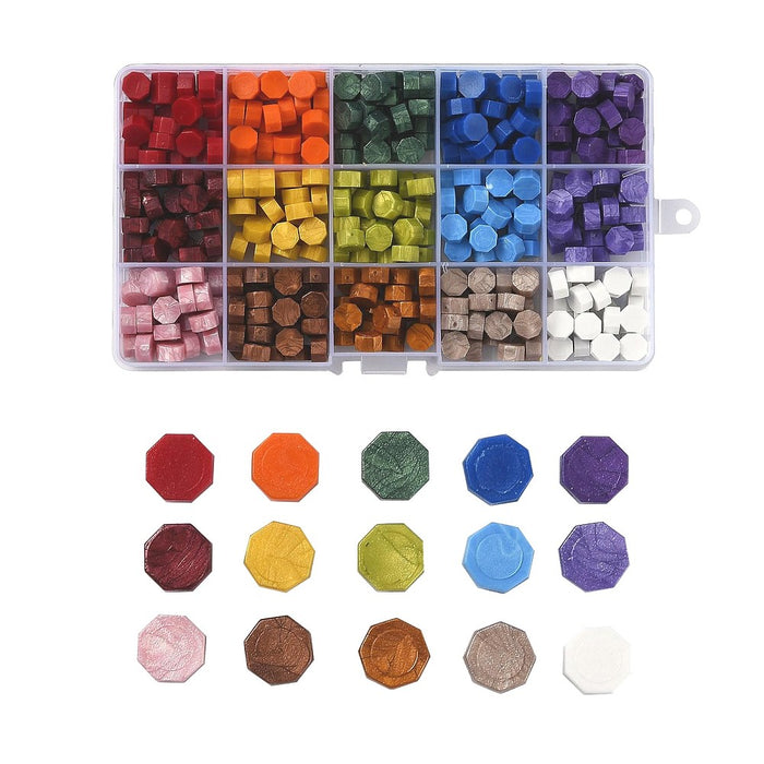 Wax Seal Particles in Re-usable Container (15 colours. approx. 25 pieces per colour)