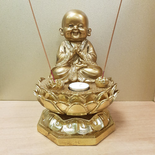 Happy Gold Buddha on Lotus (approx 25x16cm)